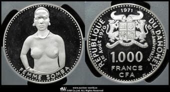 DAHOMEY ダホメ 1000Francs 1971 KM-4.1 ソンバ族の女性 独立10周年 3Beads between A and Hallmark ...