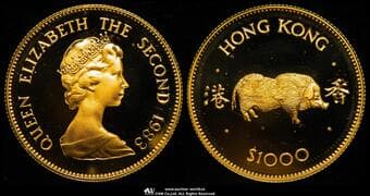 HONG KONG 香港 1000Dollars 1983 Fr-9 KM-51 干支シリーズ 亥年 製造22,000枚 プルーフ金貨 (28.4㎜...