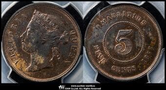 MAURITIUS モーリシャス 5Cents 1877H KM-9 ヴィクトリア ヒートン PCGS-SP62BN 見本打 -UNC