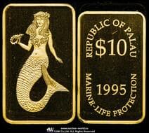 PALAU パラオ 10Dollars in Gold 1995 KM-112 人魚 長方形プルーフ金貨 (1.55g 99.9%) Proof