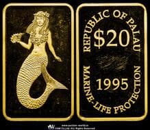 PALAU パラオ 20Dollars in Gold 1995 KM-Unlisted 人魚 長方形プルーフ金貨 (3.10g 99.9%) Proof