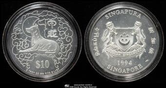 SINGAPORE シンガポール Piedfort 10Dollars 1994SM KM-122a 戌年 2オンス(oz)倍厚プルーフ銀貨...