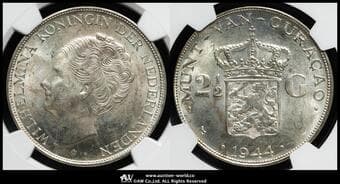 CURACAO キュラソー 2-1/2Gulden 1944D KM-46 ウィルヘルミナ1世(25.00g 72.0%) NGC-MS63 UNC