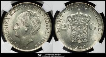 CURACAO キュラソー 2-1/2Gulden 1944D KM-46 ウィルヘルミナ1世(25.00g 72.0%) NGC-MS63 UNC