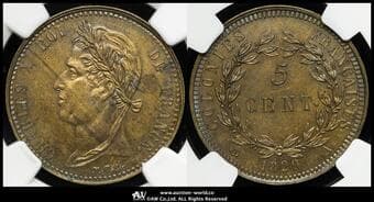 FRENCH COLONIES フランス植民地 Restrike 5Centimes 1829A Gad-16 KM-10.1 Lec-303 シャルル10世 ...