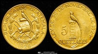 GUATEMALA グァテマラ 5Quetzales 1926 Fr-50 KM-244 ケツァール鳥(8.36g 90.0%) -EF