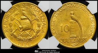GUATEMALA グァテマラ 10Quetzales 1926 Fr-49 KM-245 ケツァール鳥(16.72g 90.0%) NGC-AU Details"Cleaned"...