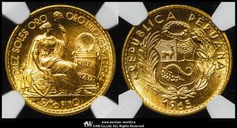 PERU ペルー 10Soles 1965 Fr-81 KM-236 右向き女神座像 製造14000枚(4.60g 90%) NGC-MS67 FDC