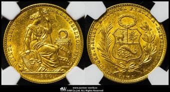 PERU ペルー 20Soles 1960 Fr-80 KM-229 女神座像 製造7753枚(9.36g 90.0%) NGC-MS62 AU~UNC