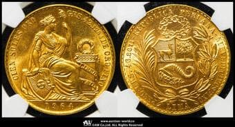 PERU ペルー 100Soles 1964 Fr-78 KM-231 右向き女神座像 製造11000枚(46.81g 90.0%) NGC-MS63 UNC