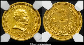URUGUAY ウルグアイ Essai 2Centimos in Gold 1953 KM-PN48 贈呈用金打ち貨 製造100枚(2.5g 91.6%) ...