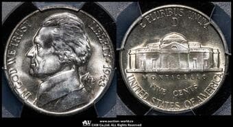 USA アメリカ合衆国 5Cents 1943D KM-192a War Nickel 低品位銀貨(5.0g 35%) PCGS-MS65 UNC~FDC