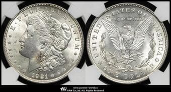USA アメリカ合衆国 Dollar 1921 KM-110 Morgan Dollar フィラデルフィア(26.73g 90%) NGC-MS63 UNC