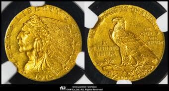 USA アメリカ合衆国 2-1/2Dollars 1910 Fr-120 KM-128 Indian Head(4.18g 90.0%) NGC-MS61 AU