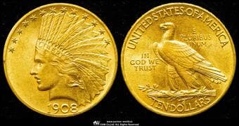 USA アメリカ合衆国 10Dollars 1908 Fr-166 KM-130 Indian Head フィラデルフィア(16.70g 90.0%) ...