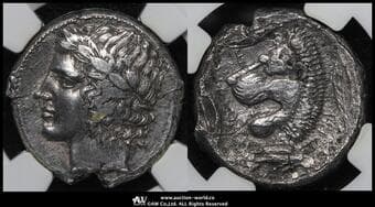 SICILY,Leontini シチリア,レオンティーニ AR Tetradrachm 450~420BC 左向きアポロン頭像 /...