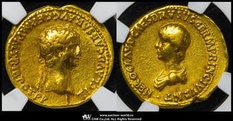 Roman Empire ローマ帝国 AV Aureus Claudius クラウディウス AD41~54 右向き頭像/ネロ胸像 Fr-85 RIC-82...