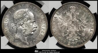 AUSTRIA Franz Josef I フランツ・ヨーゼフ1世(1848~1916) 2Florins 1877 KM-2233 月桂冠 NGC-AU55 EF
