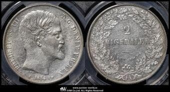 DENMARK デンマーク 2Rigsdaler 1854FK-FF Dav-77 KM-761.1 フレデリック7世 PCGS-AU Detail"Cleaned" 洗浄 EF