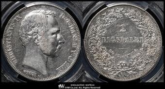 DENMARK デンマーク 2Rigsdaler 1871HC-CS Dav-79 KM-772.2 クリスチャン9世 PCGS-AU Detail"Cleaned" 洗浄 EF