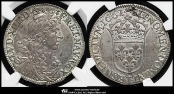 FRANCE Louis XIV ルイ14世(1643~1715) 1/2Écu au buste juvénil 1662T Gad-173 KM-202.13 "2 hermines" 青年像...
