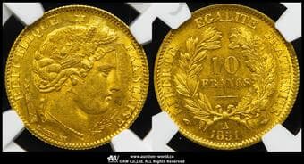 FRANCE 2nd Rep 第二共和政(1848~52) 10Francs 1851A Fr-567 Gad-1012 KM-770 セレス パリ(3.22g 90.0%) ...
