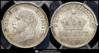 FRANCE Napoleon III ナポレオン3世(1852~70) 50Centimes 1864A Gad-417 KM-814.1 月桂冠 パリ PCGS-MS64 UNC+