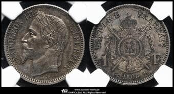 FRANCE Napoleon III ナポレオン3世(1852~70) Essai Franc 1866E Maz-1672 Gad-463 月桂冠...