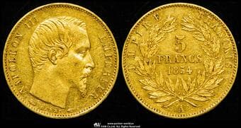 FRANCE Napoleon III ナポレオン3世(1852~70) 5Francs 1854A Fr-578 Gad-1000 KM-783 無冠 Small Size パリ...