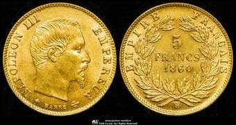 FRANCE Napoleon III ナポレオン3世(1852~70) 5Francs 1860BB Fr-579 Gad-1001 KM-787.2 無冠...