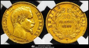 FRANCE Napoleon III ナポレオン3世(1852~70) 20Francs 1860A Fr-573 Gad-1061 KM-781.1 無冠 パリ NGC-VF35 VF
