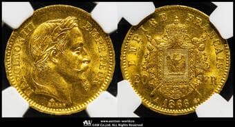 FRANCE Napoleon III ナポレオン3世(1852~70) 20Francs 1866A Fr-584 Gad-1062 KM-801.1 月桂冠 パリ ...
