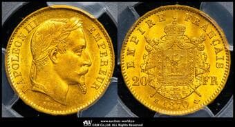 FRANCE Napoleon III ナポレオン3世(1852~70) 20Francs 1870BB Fr-584 Gad-1062 KM-801.2 月桂冠...