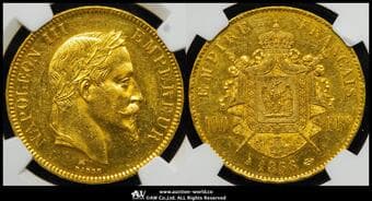 FRANCE Napoleon III ナポレオン3世(1852~70) 100Francs 1866A Fr-580 Gad-1136 KM-802.1 月桂冠 パリ...