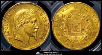 FRANCE Napoleon III ナポレオン3世(1852~70) 100Francs 1868A Fr-580 Gad-1136 KM-802.1 月桂冠 パリ...