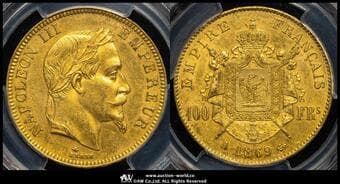 FRANCE Napoleon III ナポレオン3世(1852~70) 100Francs 1869A Fr-580 Gad-1136 KM-802.1 月桂冠 パリ...