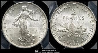 FRANCE 3rd Rep 第三共和政(1870~1940) 2Francs 1914C Gad-532 KM-845.2 種を蒔く女性...