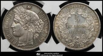 FRANCE 3rd Rep 第三共和政(1870~1940) 5Francs 1870A Dav-93 Gad-743 KM-819 セレス 銘文あり パリ ...