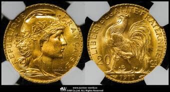 FRANCE 3rd Rep 第三共和政(1870~1940) 20Francs 1910 Fr-596a Gad-1064a KM-857 マリアンヌ パリ...