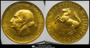 GERMANY Westphalia ヴェストファーレン 50Million Mark in Gilt Bronze 1923 J-N23a Lamb-579.11...