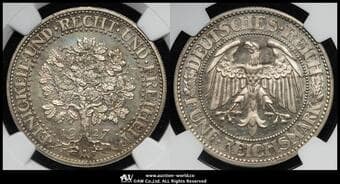 GERMANY Weimar Rep ワイマール共和国(1918~1933) 5Reichsmark 1927A Dav-966 J-331 KM-56 樫の木 ベルリン...