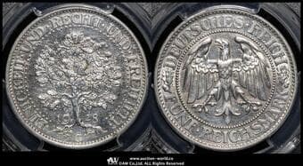 GERMANY Weimar Rep ワイマール共和国(1918~1933) 5Reichsmark 1928G Dav-966 J-331 KM-56 樫の木...