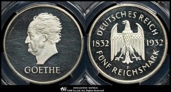GERMANY Weimar Rep ワイマール共和国(1918~1933) 5Reichsmark 1932F Dav-974 J-351 KM-77 ゲーテ没後100年...