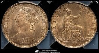 GREAT BRITAIN Victoria ヴィクトリア(1837~1901) 1/2Penny 1890 S-3956 KM-754 バン・ヘッド PCGS-MS64RB...