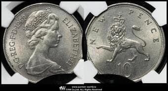 GREAT BRITAIN Elizabeth II エリザベス2世(1952~2022) 10New Pence 1969 S-F1 KM-912 二重縁欠けエラー ...