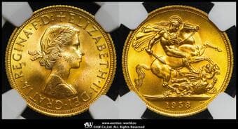 GREAT BRITAIN Elizabeth II エリザベス2世(1952~2022) Sovereign 1958 Fr-417 S-4125 KM-908...