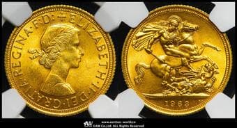 GREAT BRITAIN Elizabeth II エリザベス2世(1952~2022) Sovereign 1963 Fr-417 S-4125 KM-908...