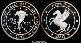 GREECE ギリシャ Piedfort 25Ecu 1991 KM-X#P2 ペガサス 倍厚プルーフ銀貨 製造500枚(56g 99.9%) ...