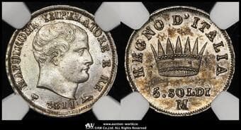 ITALY Kingdom of Napoleon ナポレオンの王国 5Soldi 1811M KM-C5.1 ナポレオン ミラノ鋳 NGC-MS62 AU~UNC