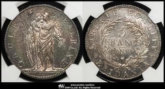 ITALY Piedmont Rep ピエモンテ共和国 5Francs L'AN10(1802) Dav-197 KM-C4 2人の女神...